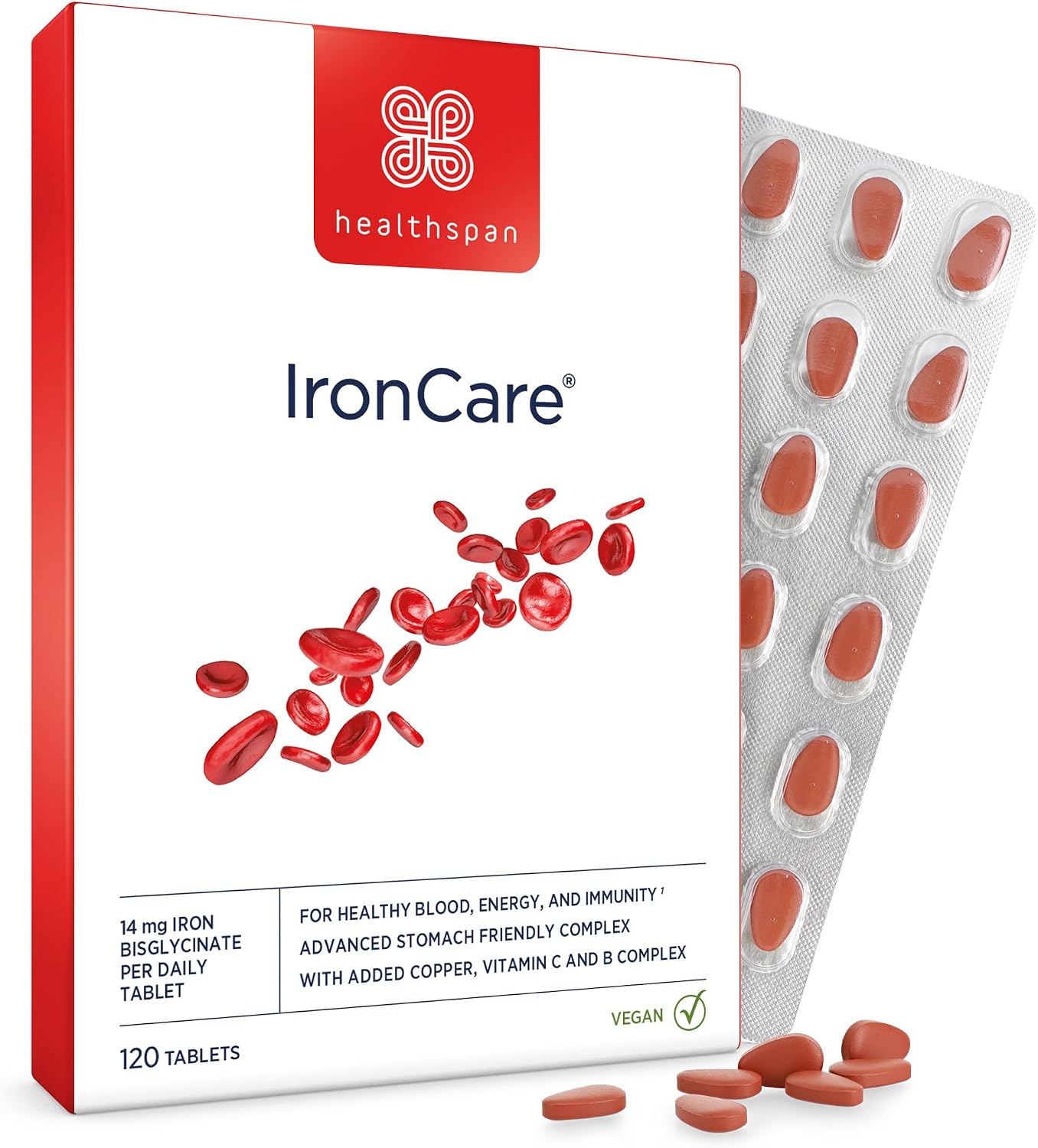 Healthspan IronCare (120 Tablets) | for Healthy Blood, Energy & Immunity | 14mg Iron | Stomach Friendly Complex | Added B Vitamins | Easy-Swallow | Vegan
