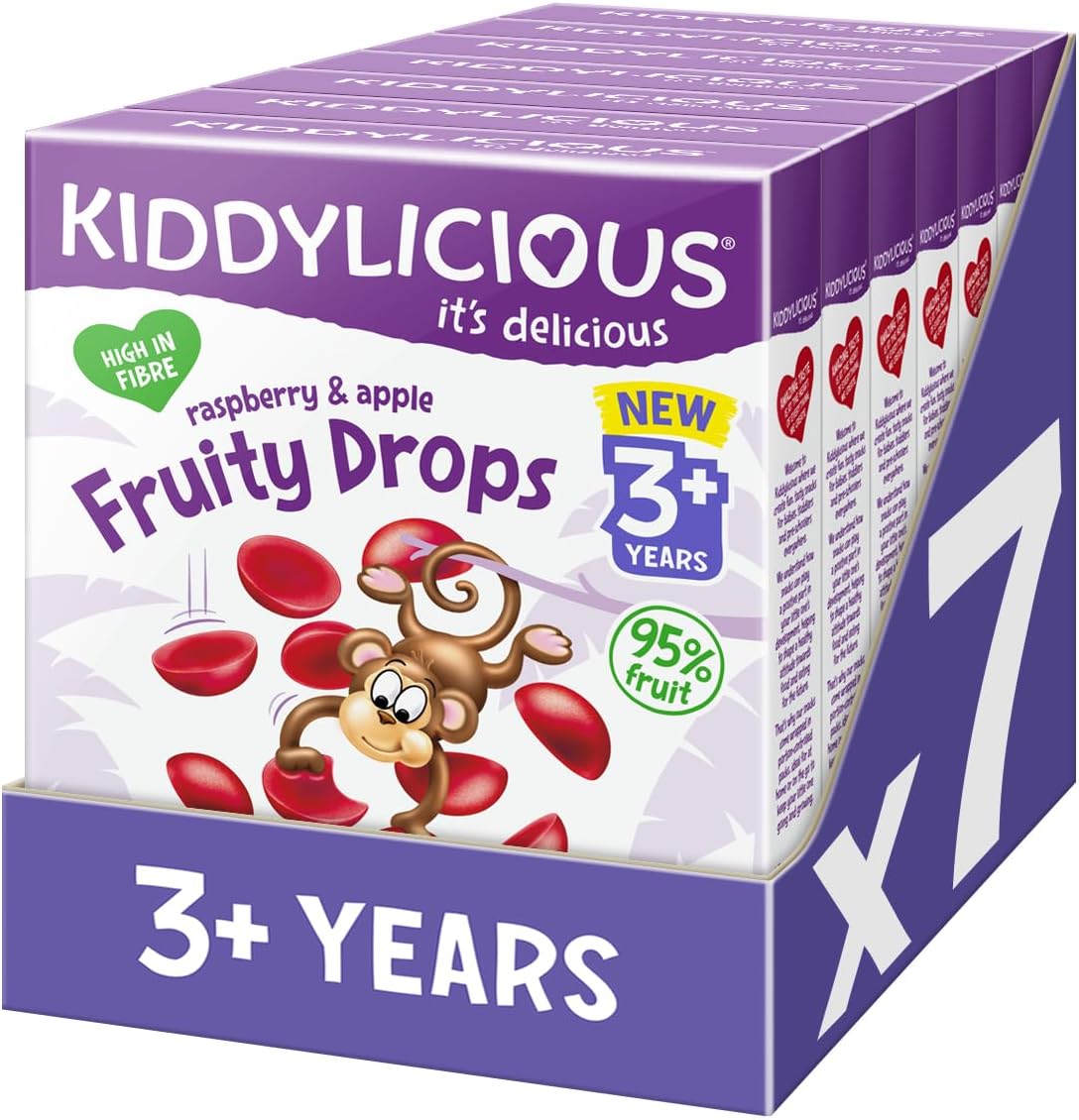 Kiddylicious Fruity Drops - Raspberry & Apple - Delicious Snacks for Kids - Suitable for 3+ Years - 7 Packs of 4 (28 Total)