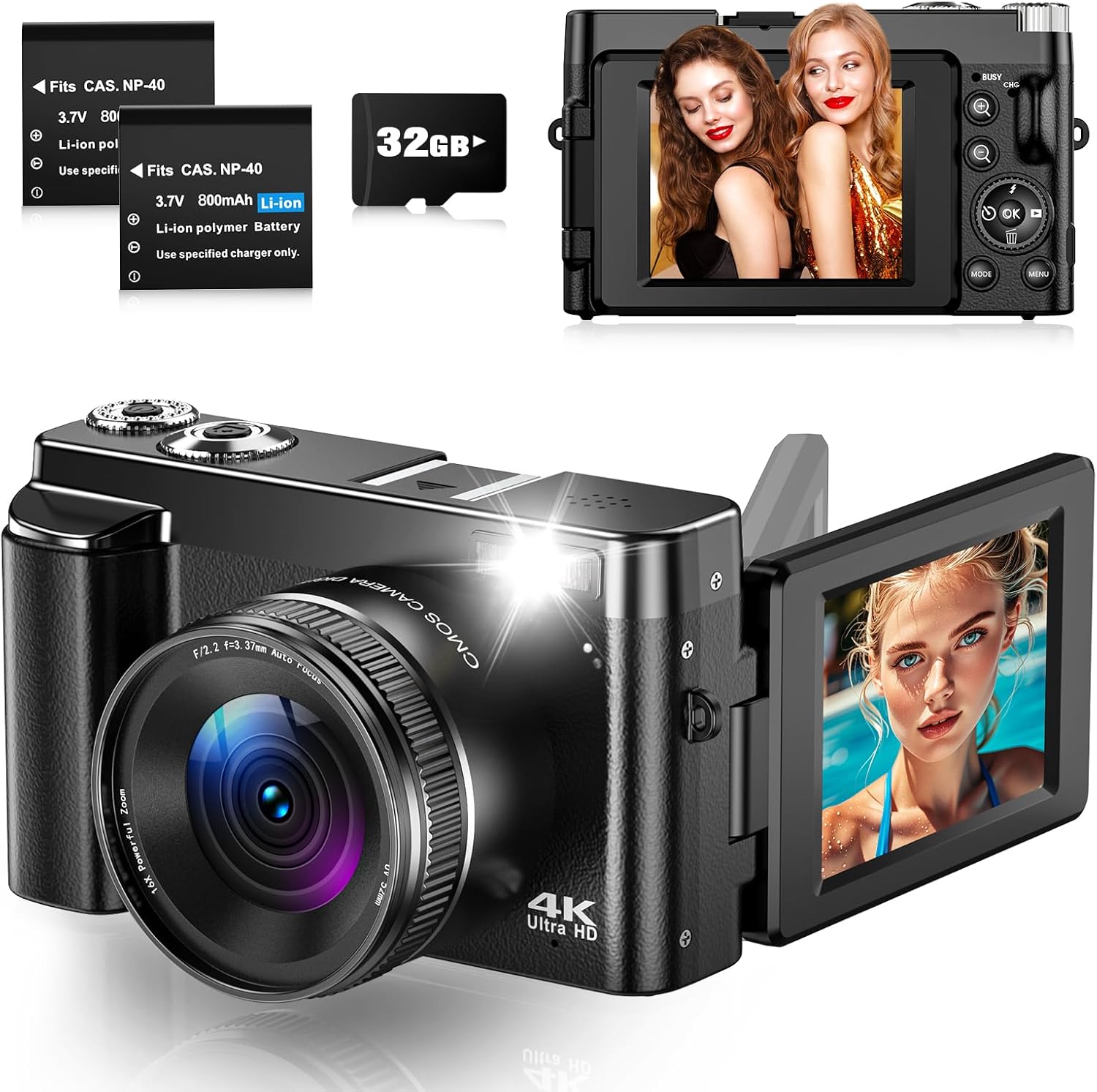 Digital Camera 4K 48MP Autofocus Vlogging Camera with 3" 180°Flip Screen, 4K Compact Digital Camera With 32GB Card 16X Digital Zoom For Beginner, Teenagers