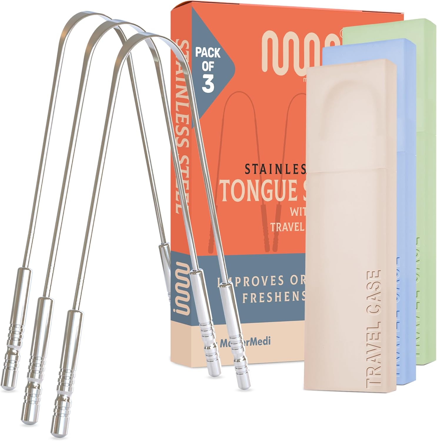 MasterMedi Tongue Scraper Cleaner (Set of 3 (with Travel Case))
