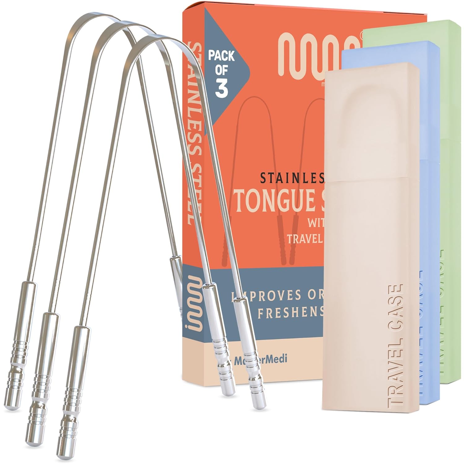 MasterMedi Tongue Scraper for Adults, 100% Stainless Steel Tongue Scrubber for Bad Breath, Easy to Use, Tongue Cleaner for Oral Care & Hygiene (Set of 3 (with Travel Case))