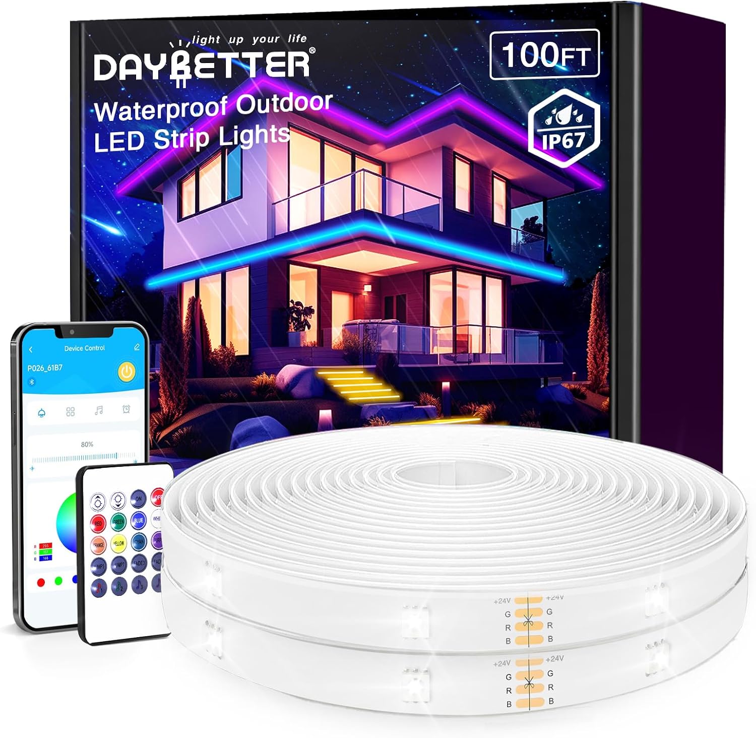 DAYBETTER 100 ft Outdoor LED Strip Lights Waterproof,IP67 Waterproof LED Light Strips with Remote,APP Music Sync RGB Exterior LED Rope Lights,Color Changing LED Lights for Bedroom,Roof,Balcony,Pool