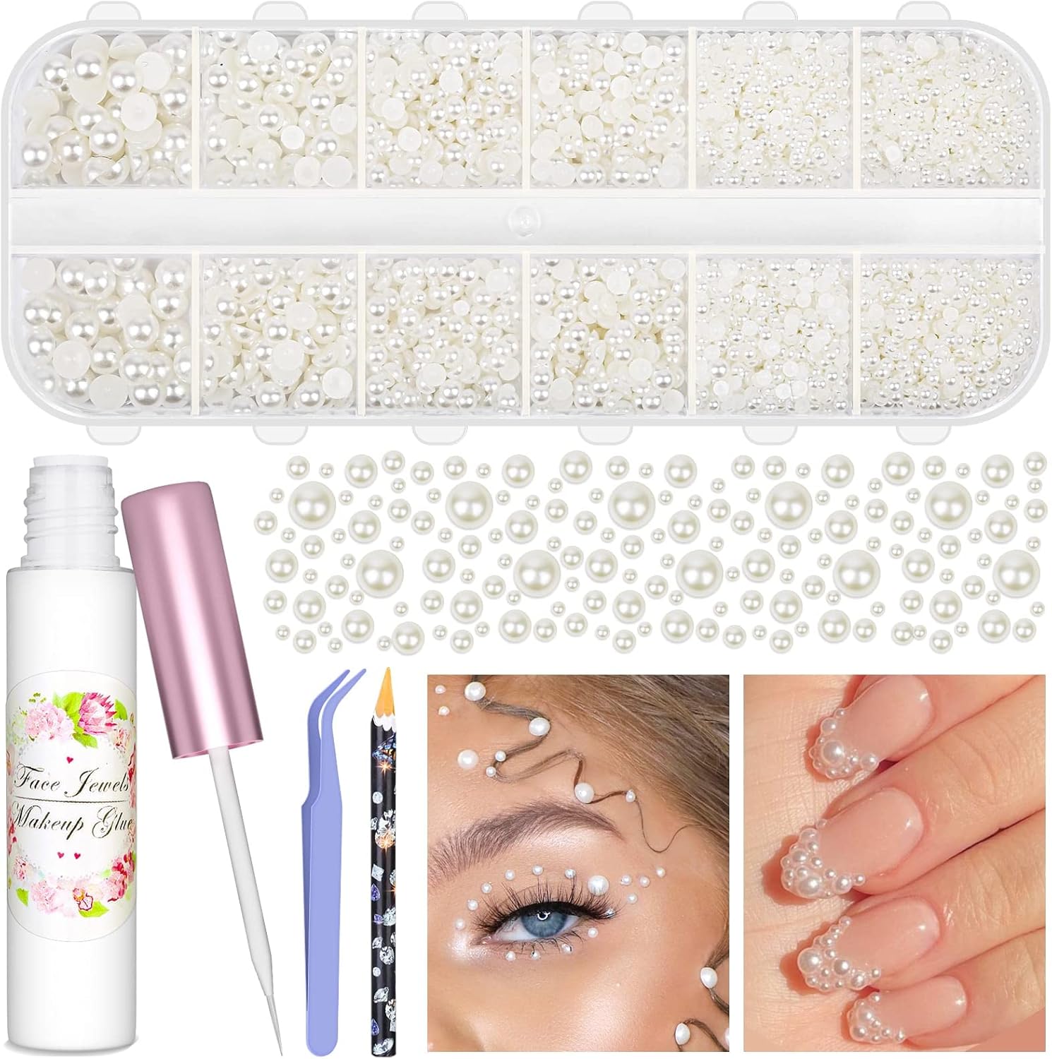 3600Pcs Face Gems Eye Pearls with SFX Makeup Glue Spirit Adhesive for Costume, Shynek Half Pearls Hair Pearls Beads Face Adhesive Makeup Gems Flatback Pearls for Nail Hair Makeup Jewels Cosplay