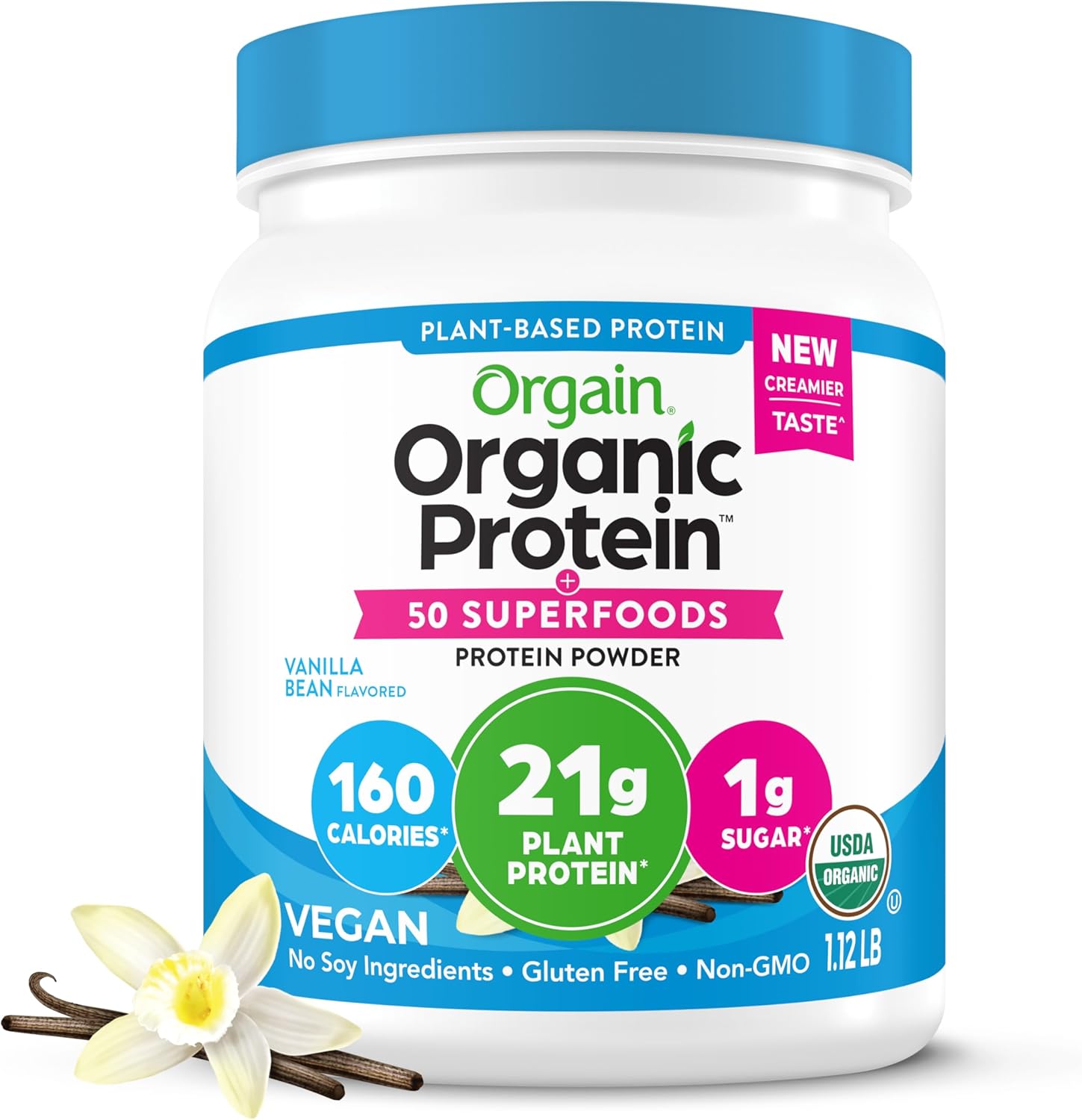 Orgain Organic Vegan Protein + 50 Superfoods Powder, Vanilla Bean - 21g Plant Based Protein, 8g Prebiotic Fiber, No Lactose Ingredients, Gluten Free, No Added Sugar, 1.12 lb (Packaging May Vary)