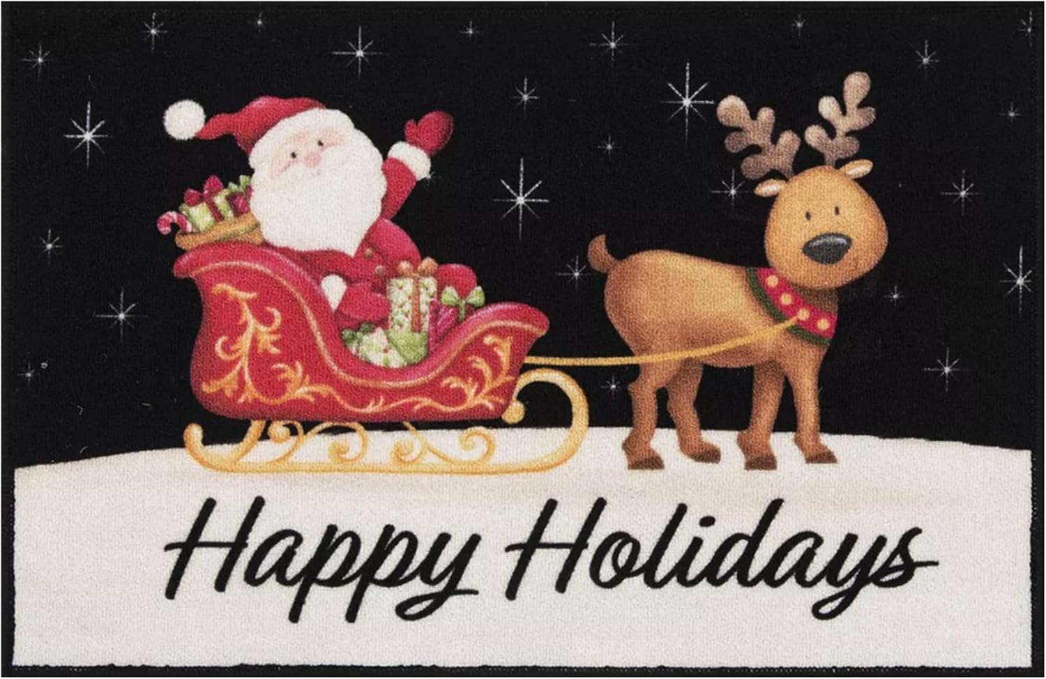 Natco Happy Holidays Christmas Rug, Nylon Kitchen Mat Santa Reindeer Print, 20" x 30" Non Slip Back