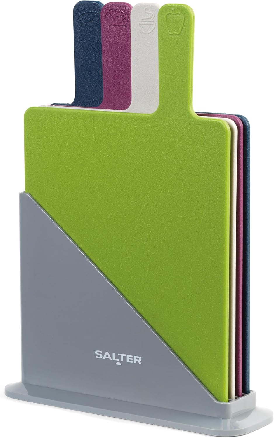 Salter Colour Coded Chopping Boards – Set Of 4, Reversible, Non-Slip Stand, Index Style Chopping Board Set, Paddle Handles, Food Preparation Indicators, Dishwasher Safe, Slim Organised Kitchen Storage