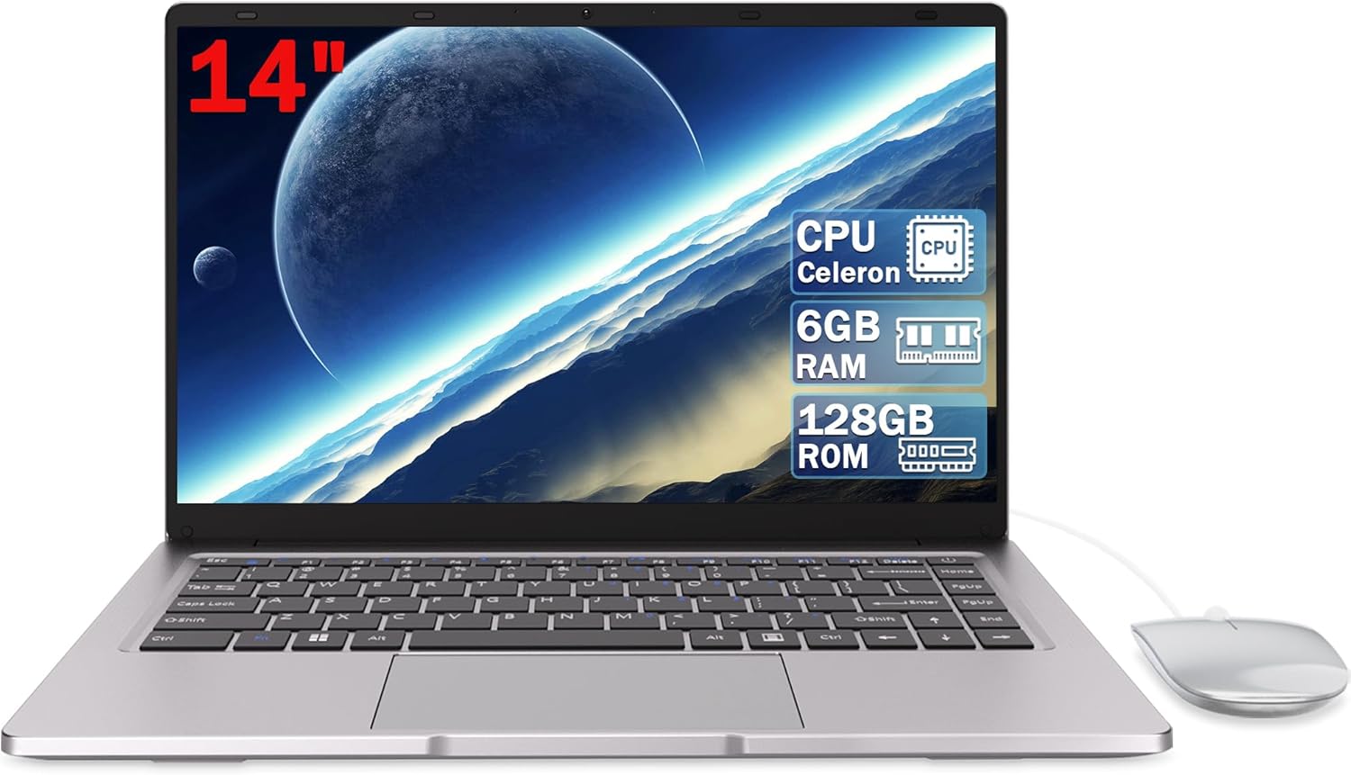 14" HD Laptop - Dual-Core Processor, 6GB RAM, 128GB SSD, Long Battery Life, Compact Design for Daily Productivity