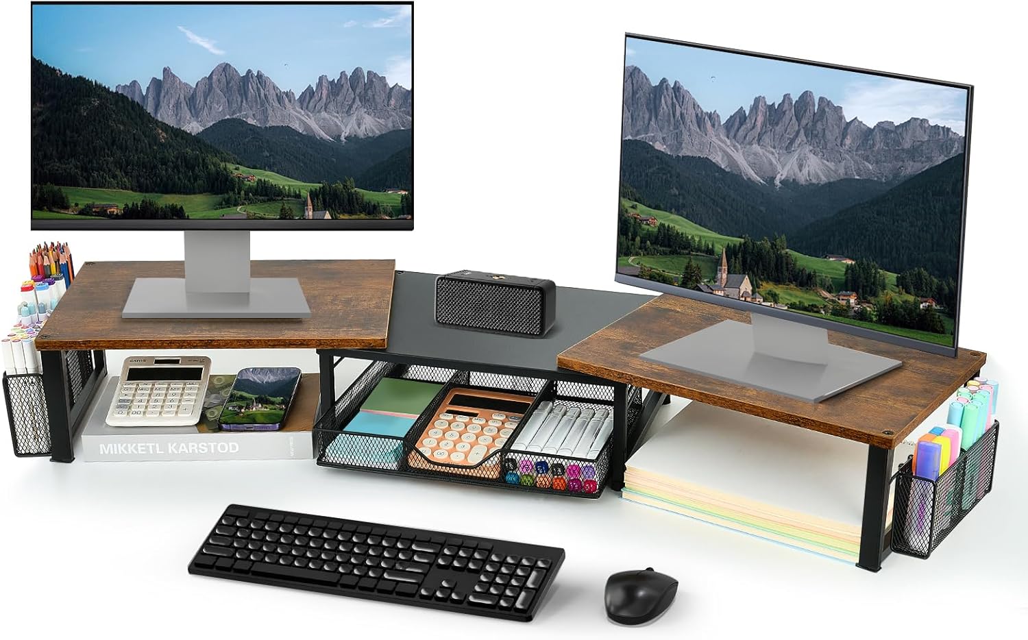 Desk Dual Monitor Stand Riser - Desk Organizer with Drawer and Pen Holders, Office Desk Accessories & Workspace Organizers, Office Organization Computer Monitor Stand for Laptop, Printer, TV, Office Decor, Wood