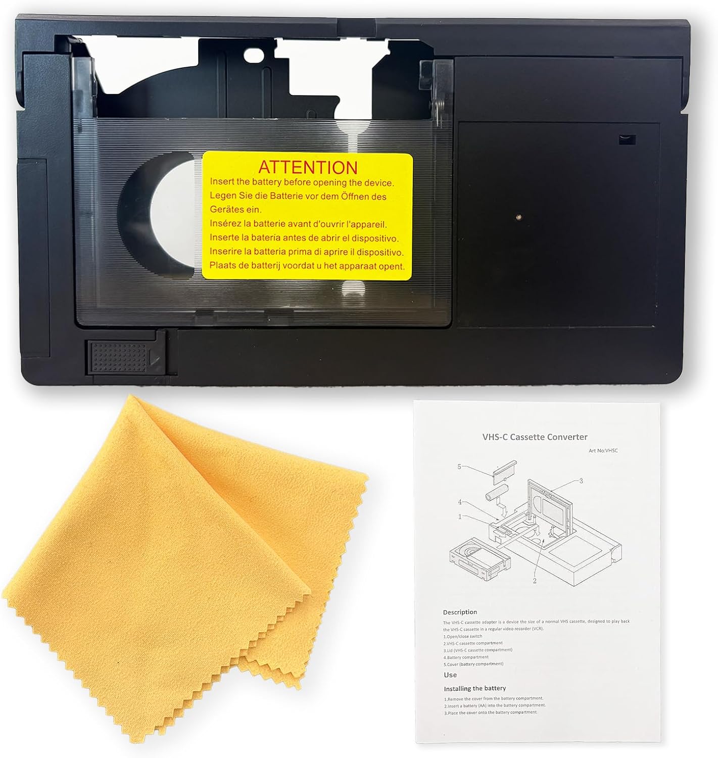 Motorized VHS-C to VHS Cassette Adapter - Ideal for VCR Player , VHS Tape for Camcorder and VHS to Digital Converting（Not Compatible with 8mm/Minidv/Hi8） with Yellow Lens Clean Cloth