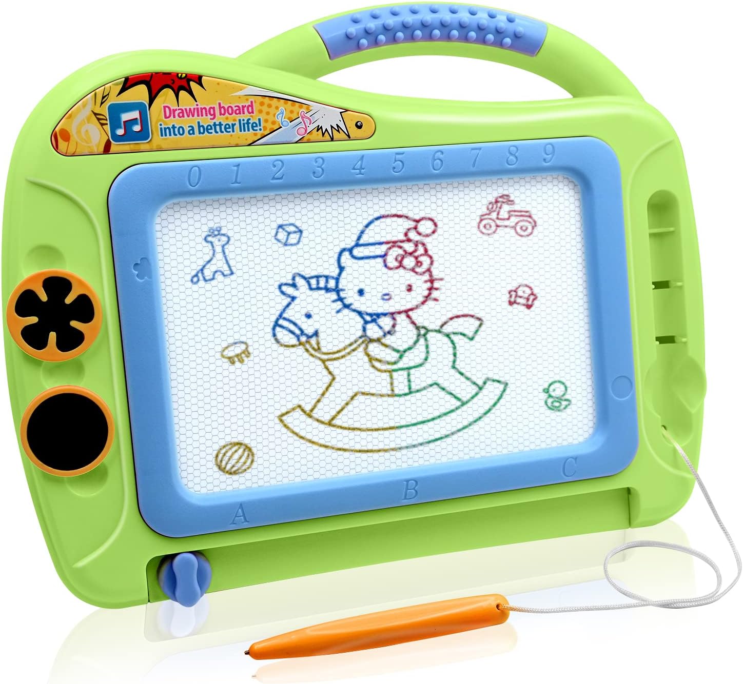 Magnetic Drawing Board for Kids, Travel Size Erasable Doodle Sketching Writing Board Colorful Doodle with 2 Stamps for Toddlers-Green