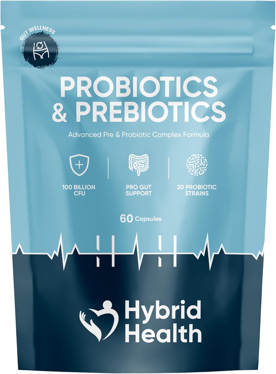 Hybrid Health Probiotic & Prebiotics Complex | 60 Vegan Capsules | 100 Billion CFU | Advanced Strength Probiotics with 20 Diverse Strains | Pre & Probiotics for Women and Men