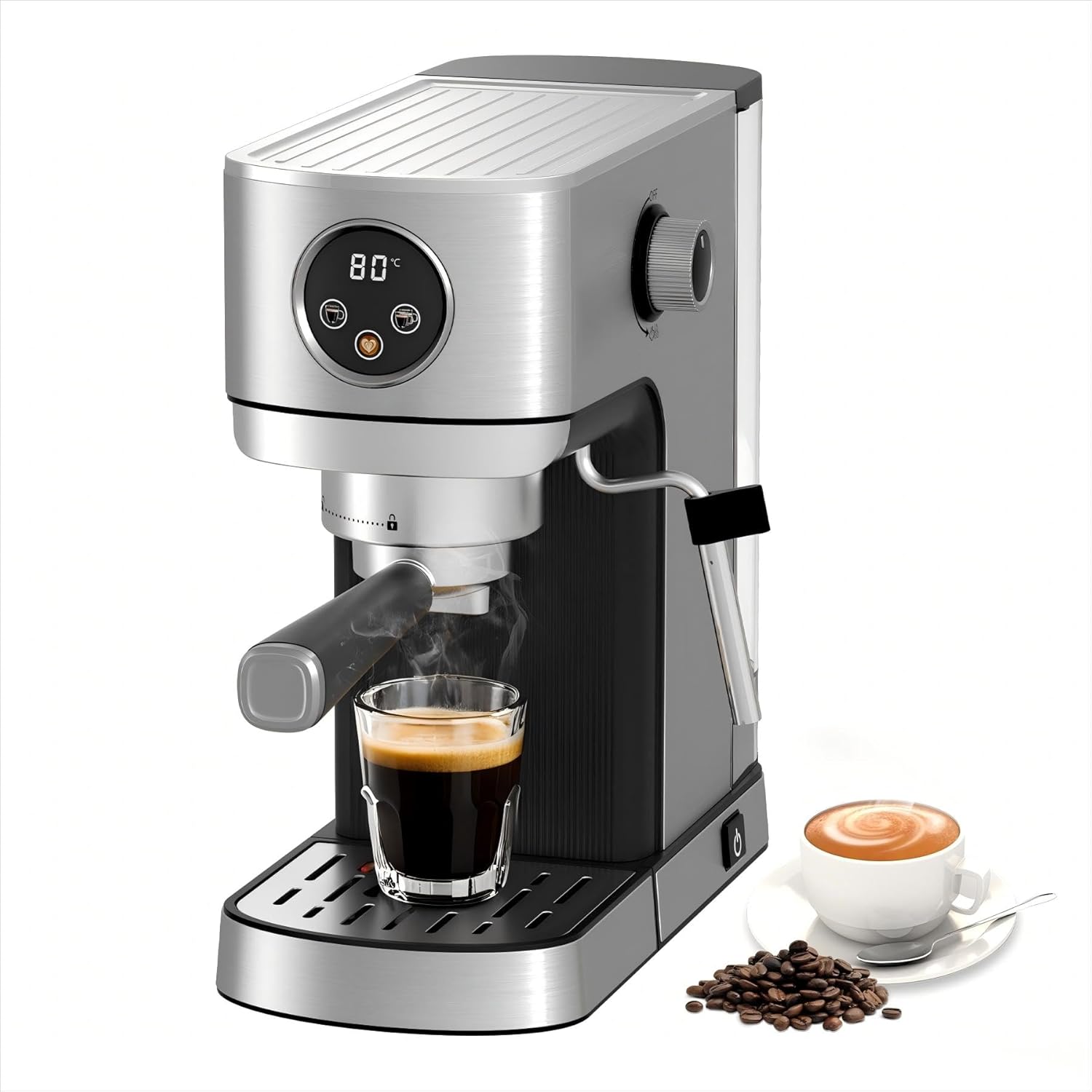 DRAGONBALL Espresso Machine, Coffee Machine with Steam Frother, 20 Bar Coffee Machine for Cappuccino, Latte, 1.2L Water Tank, Stainless Steel, Silver