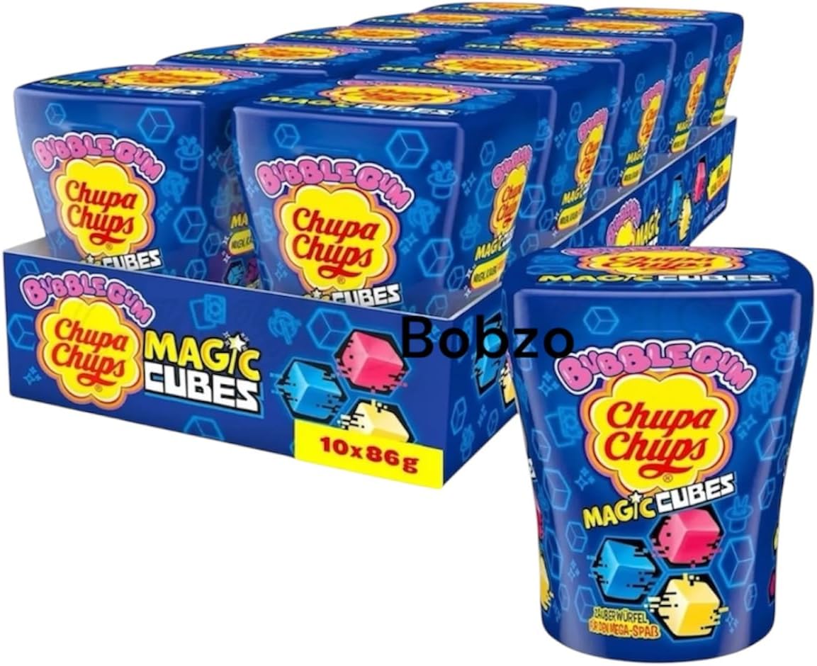 Bobzo Chupa Chups Bubblegum Magic Cubes – Halal Assorted Fruit Flavour Chewy Candy, 86g Each – Pack of 10 Bottles – Fun Sweets for Kids, Parties & Gifts