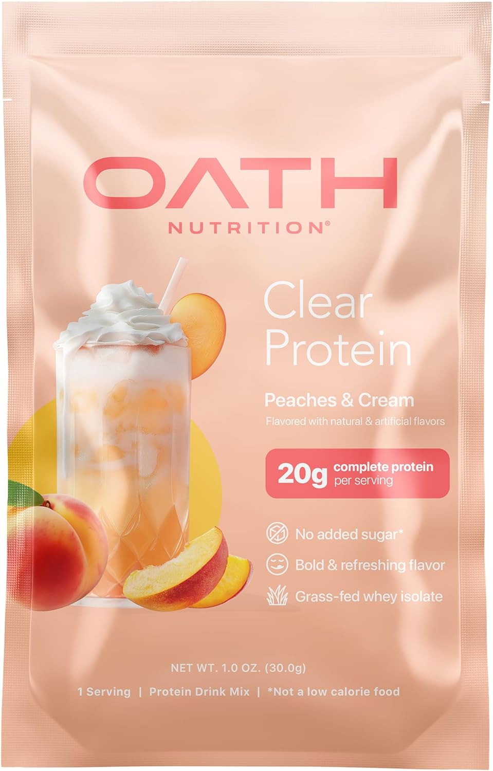 Oath Nutrition Clear Whey Isolate Protein Powder, Peaches & Cream, 20g Complete Protein per Serving, No Added Sugar, Grass-Fed, Single Serving (6 Count)