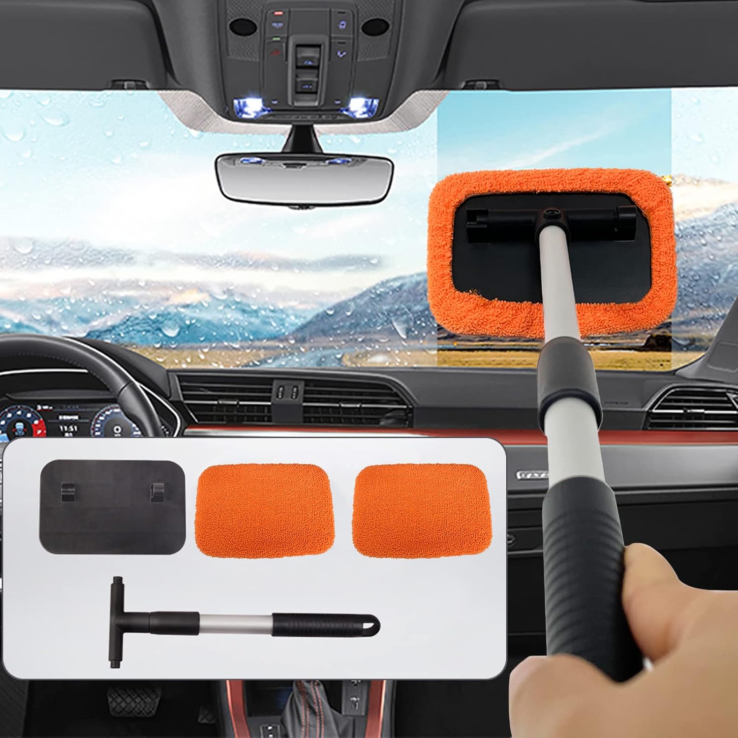 Car Windshield Cleaning Tool, Microfiber Car Window Cleaner with Extendable Handle, Auto Glass Wiper Kit (Orange Square)