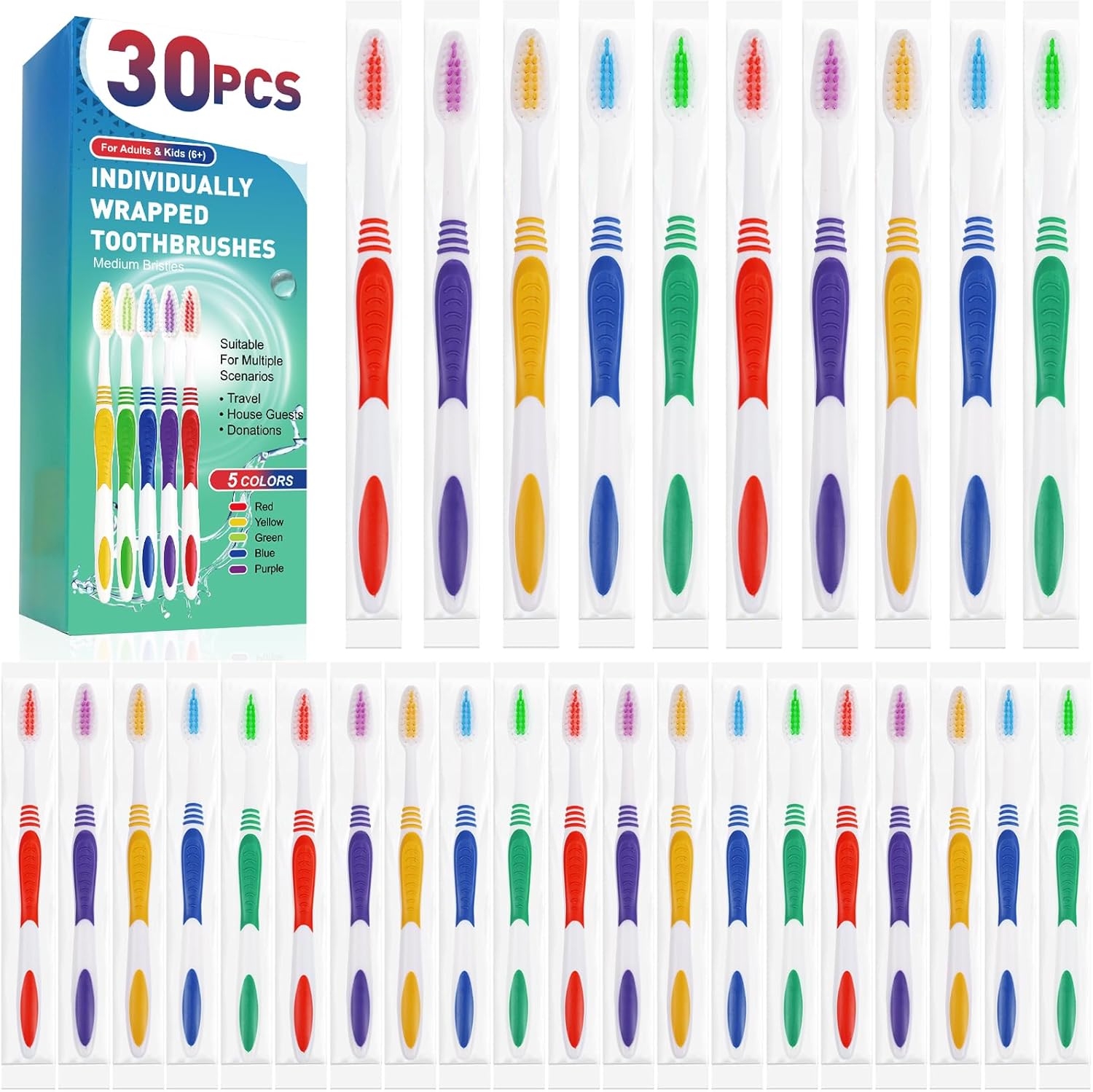 Navona 30 PCS Premium Individually Wrapped Bulk Toothbrush Pack, Disposable Toothbrushes, Kids Toothbrush, Medium Soft Bristle Toothbrushes, Ergonomics Handle, Perfect for Travel Hotel Donation