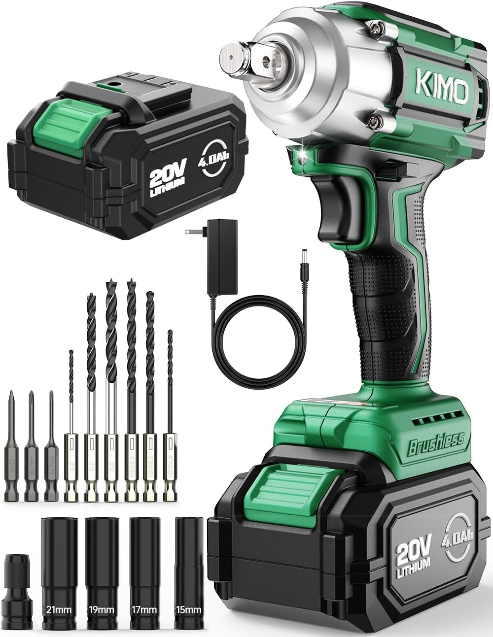 KIMO Impact Wrench 1/2, Max Torque 406ft-lbs (550N.m) & 3000RPM /Premium Brake Stop, 9-Piece Drill & Serewdriver Set, 4 Sockets, Cordless Impact Wrench with 4000mAh Battery, Impact Driver for CarTires
