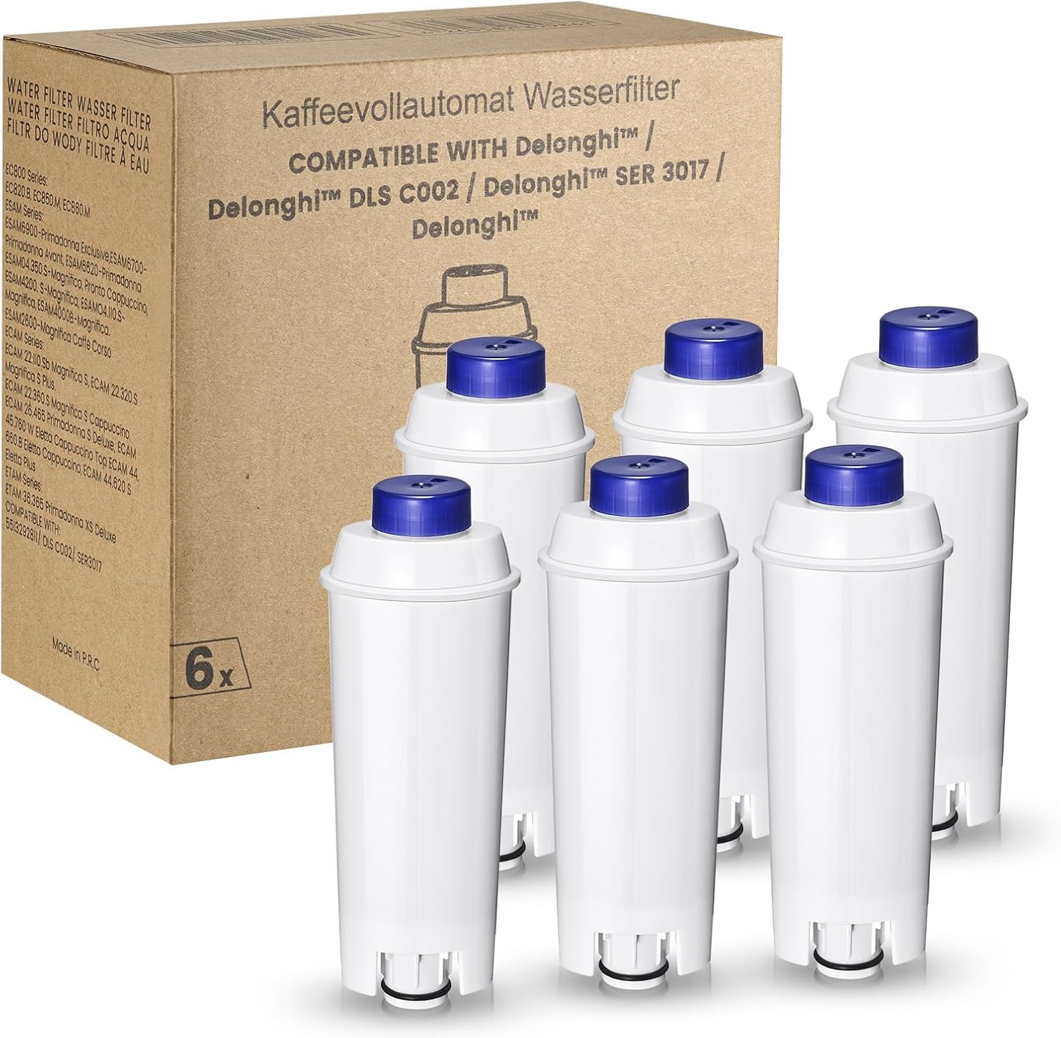 Coffee Machine Fitler, Delonghi Filter Replacement for DeLonghi DLSC002, Delonghi Magnifica Evo, Dinamica Plus, ESAM, ETAM, BCO, EC. Activated Carbon Water Filter Cartridges Softener (6 Pcs)