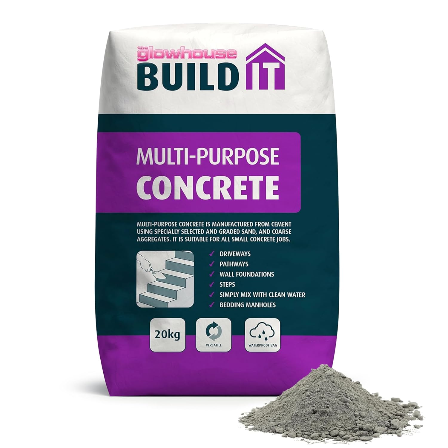 The Glowhouse Multi-Purpose Concrete Bag Ready Mixed, Just Add Water, Suitable for All Concrete Jobs, Driveways, Paths, Walls, Steps and more, Waterproof Bag 20kg