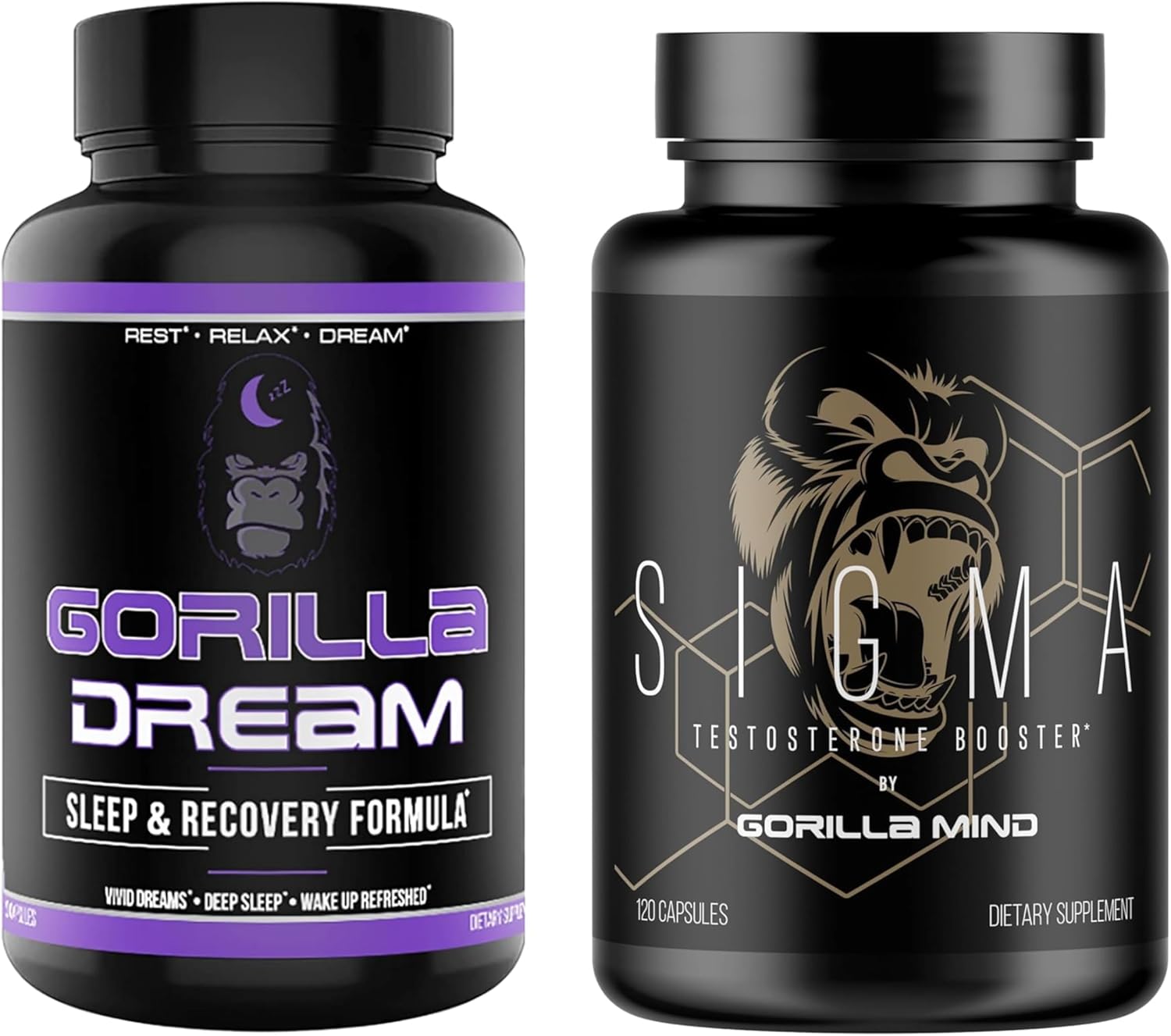 Gorilla Mind Sigma Testosterone Booster & Dream Sleep Supplement - Support Higher Testosterone Level | Nootropic Infused Comprehensive Sleep & Recovery Supplement | 120 Capsules in Each Bottle
