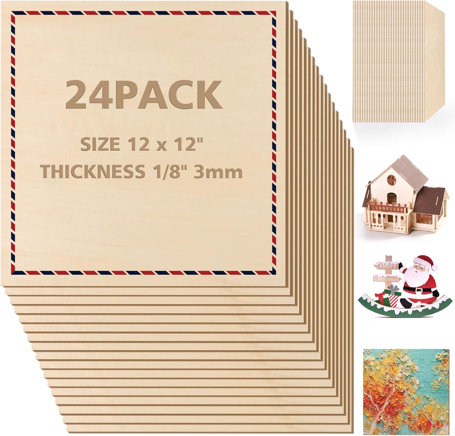 Adrattnay Basswood Sheets 1/8 x 12 x 12 inch - 3mm Basswood Sheets Plywood Sheets Laser Wood, 24Pcs Square Unfinished Wood Board for DIY Crafts, Laser Cutting, Wood Burning, Painting, Model Carving