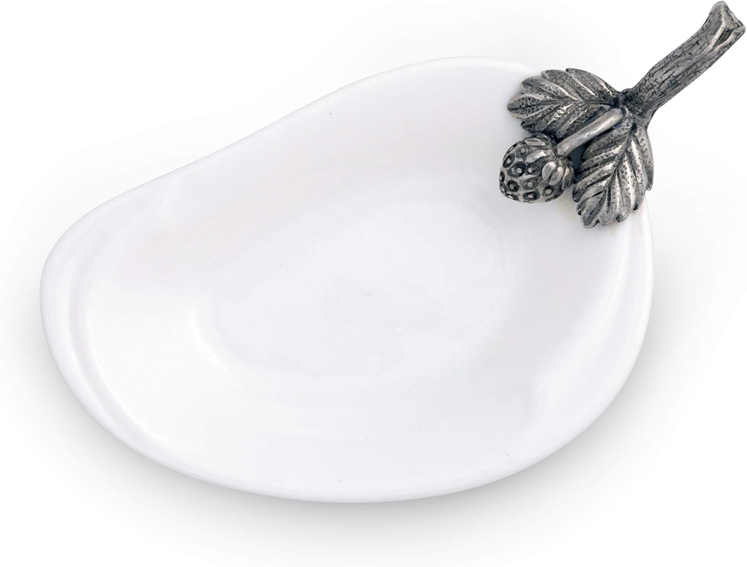 Vagabond House Porcelain Olive/Jam/Oil/Vinegar Server and Spoon Rest with Solid Pewter "Strawberry" Accent 4.5 inch Long