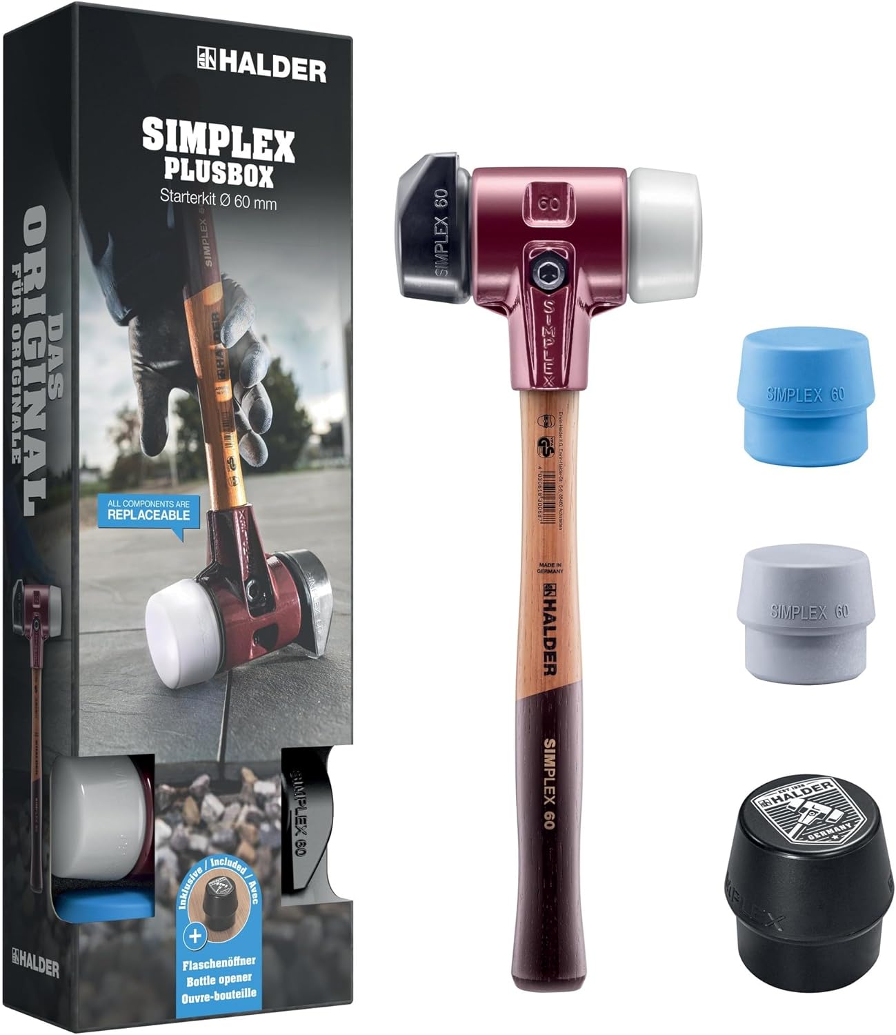 Simplex Plusbox Starter Kit, Simplex Soft Hammer D60, Rubber Composition with Base/Superplastic as Well as a TPE Soft and TPE Mid Impact Insert Plus Bottle Opener | 3027s026