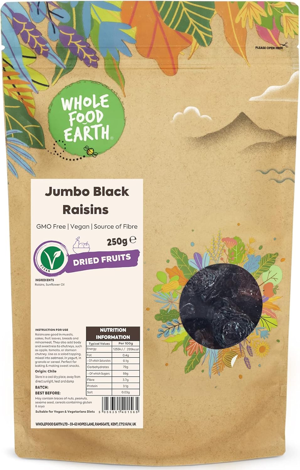 Wholefood Earth Jumbo Black Raisins 250 g | GMO Free | Source of Fibre
