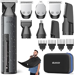 GLAKER Beard Trimmer for Men - Waterproof 6 in 1 Complete Grooming Kits for Mustache Nose Ear Facial Body Hair Trimming, Mens Cordless Hair Clippers and Shavers with Storage Bag and Beard Bib Apron