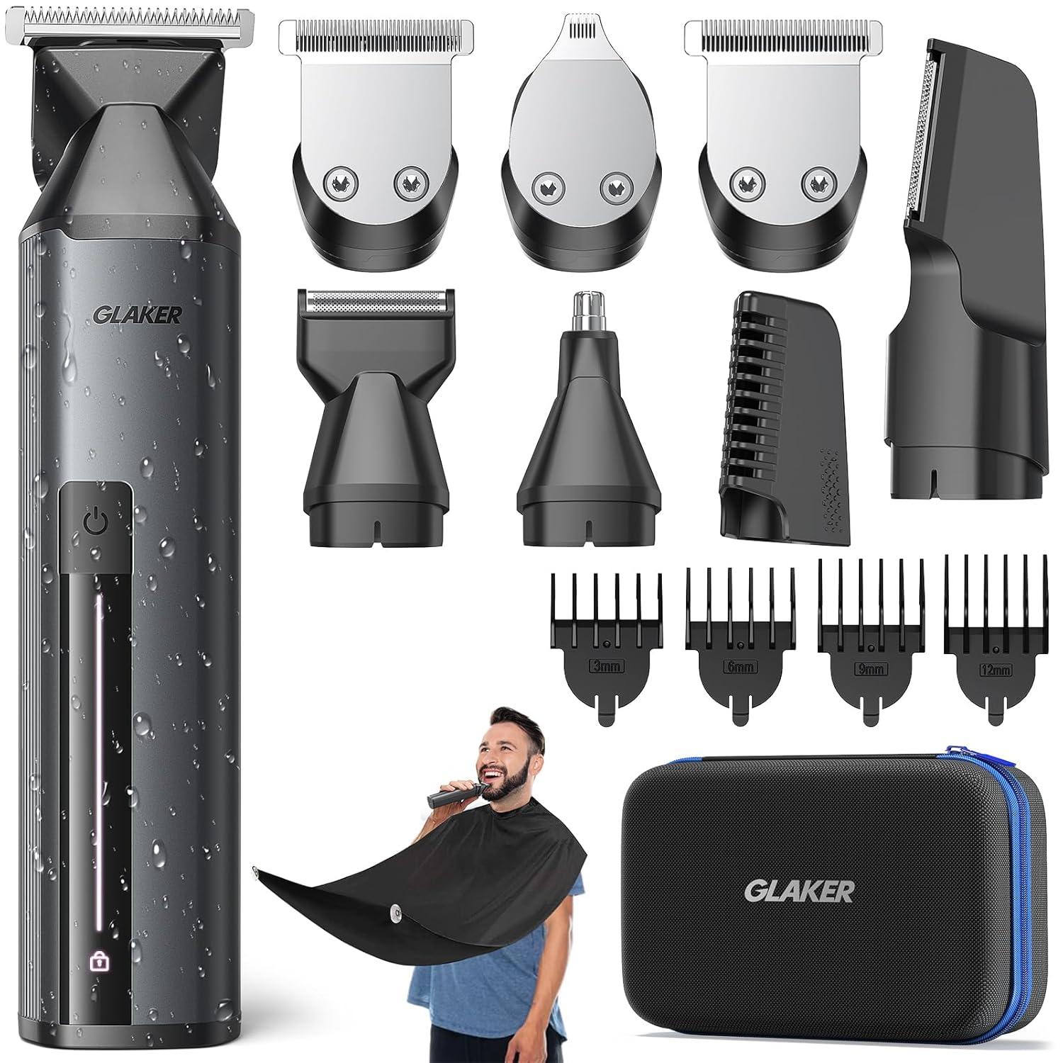 GLAKER Beard Trimmer for Men - Waterproof 6 in 1 Complete Grooming Kits for Mustache Nose Ear Facial Body Hair Trimming, Mens Cordless Hair Clippers and Shavers with Storage Bag and Beard Bib Apron