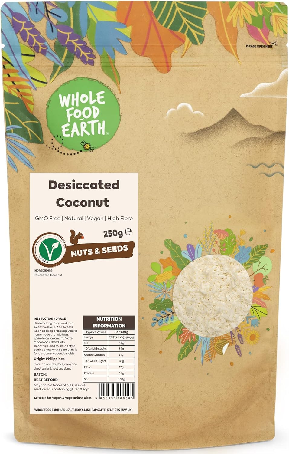 Wholefood Earth Desiccated Coconut 250 g | GMO Free | Natural | High Fibre