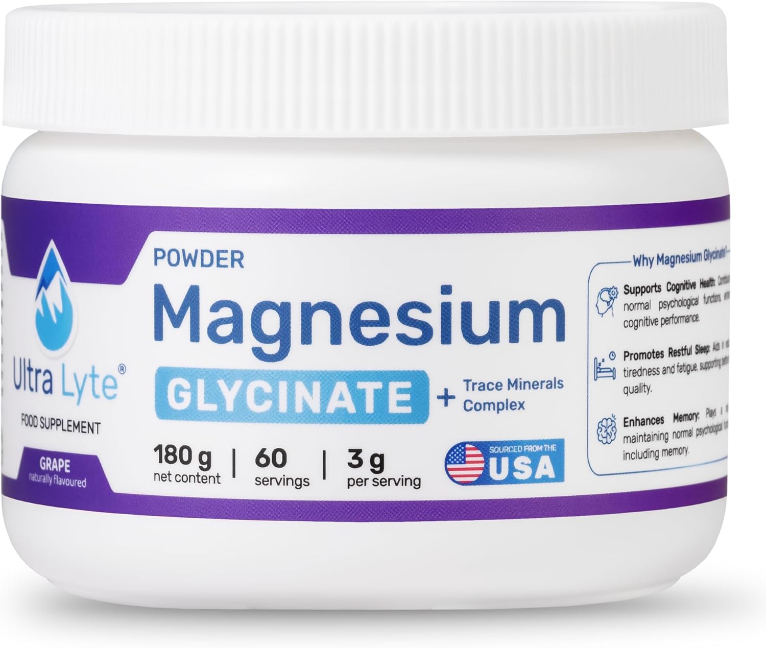 Ultra Lyte Magnesium Glycinate Powder with Trace Minerals 180g – Vegan & Gluten-Free Flavoured Magnesium Supplement – for Sleep Aid, Stress Relief & Muscle Relaxation – 60 Servings (180g, Grape)