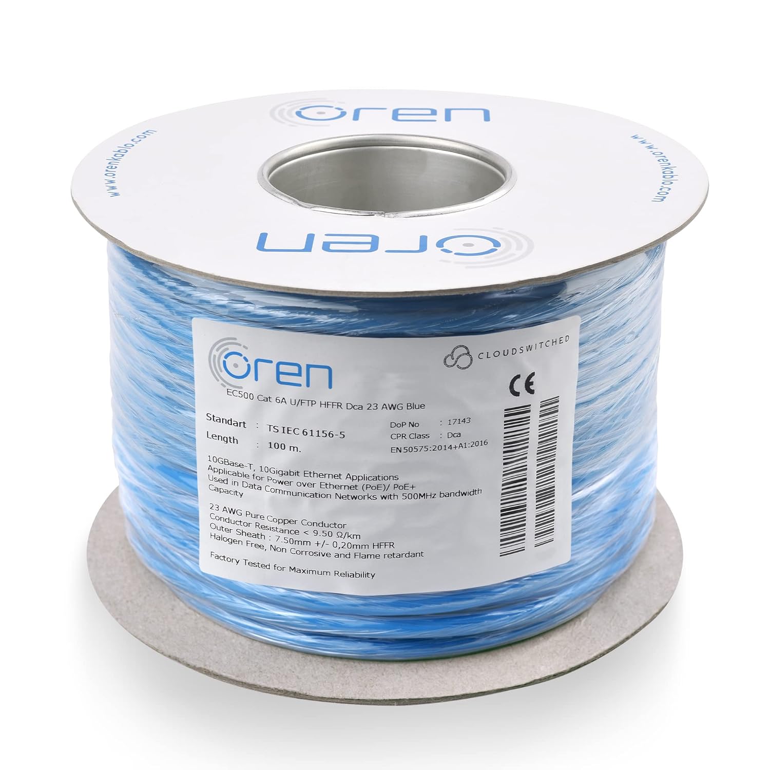 Oren CAT6A 100m Ethernet Cable - 23 AWG Pure Copper Wire - 500 MHz Bandwidth U/FTP Internet LAN Network Cable - Halogen Free, Non-Corrosive - 10GbE High Speed Ethernet Cable