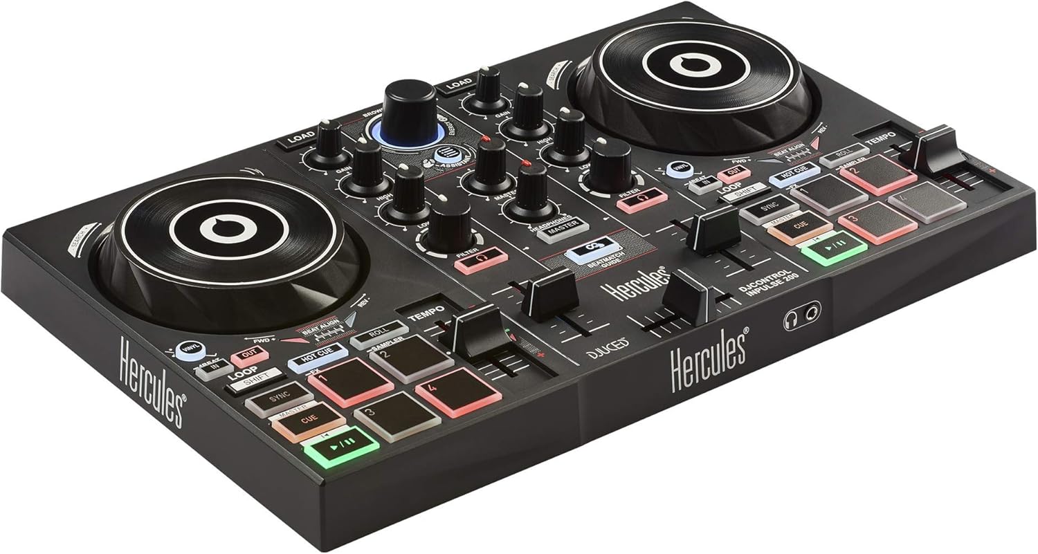 Hercules DJControl Inpulse 200 – DJ controller with USB, ideal for beginners learning to mix - 2 tracks with 8 pads and sound card - Software and tutorials included