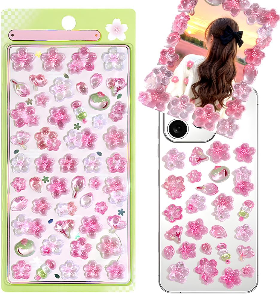 Pink Cherry Blossom 3D Stickers Aesthetic Cartoon Embossed Flower Sticker Waterproof Floral Decals Kawaii Stickers for Scrapbooking Journaling Laptop Phone Case Luggage Skateboard Water Bottles