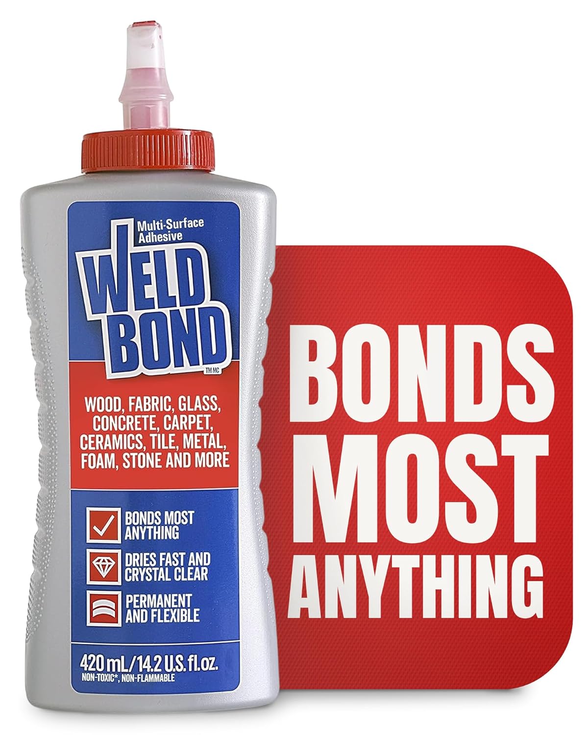 Weldbond Multi-Surface Adhesive Glue, Bonds Most Anything. Use as Wood Glue or on Fabric Glass Mosaic Carpet Ceramic Tile Metal Stone & More. Non-Toxic, ​Dries Crystal Clear 14.2oz /420ml