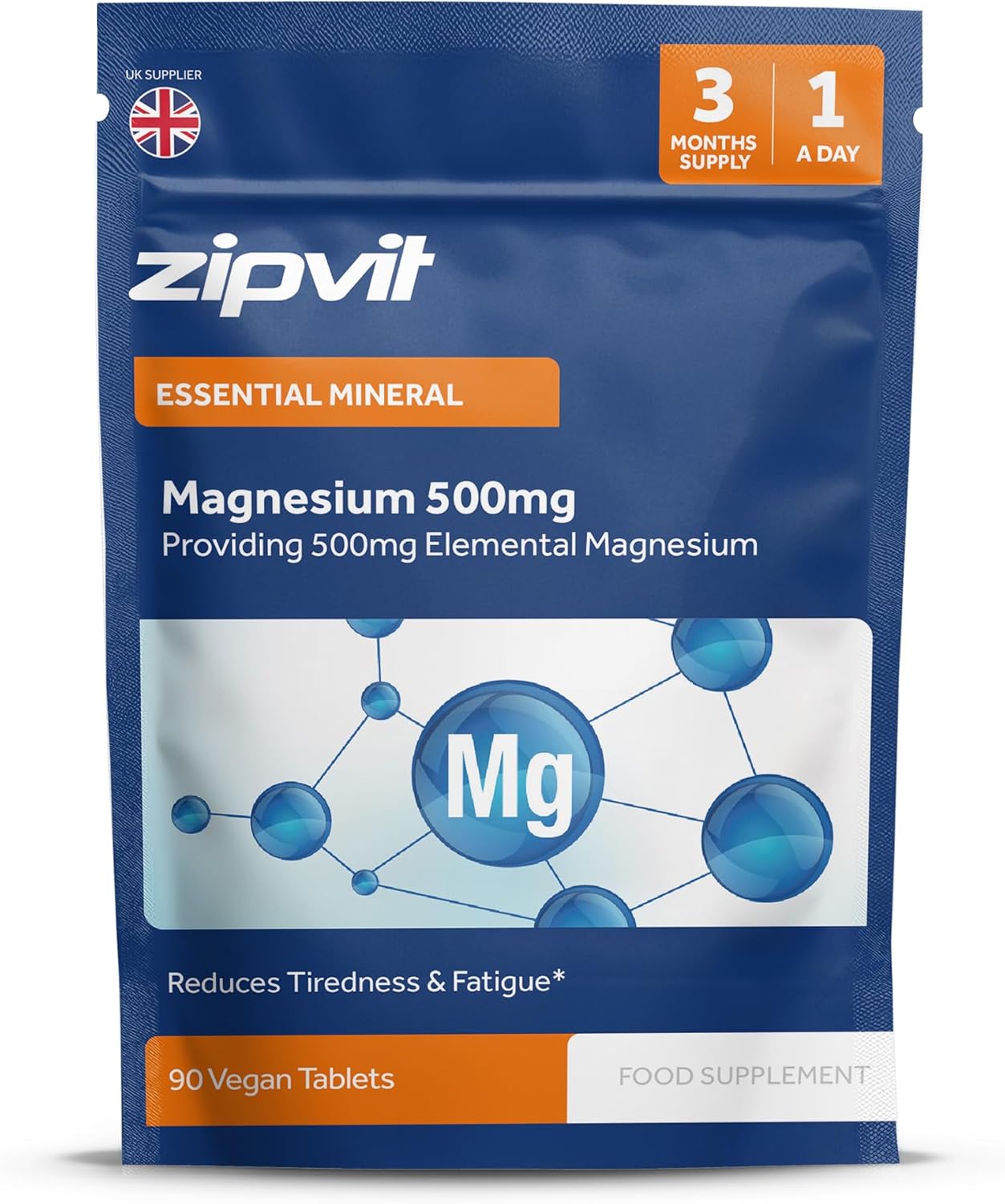 Zipvit Magnesium 500mg, 90 Vegan Tablets, High Strength Magnesium Supplement, Supports Bones and Teeth, Muscle Energy, Reduces Tiredness and Fatigue, 3 Month Supply