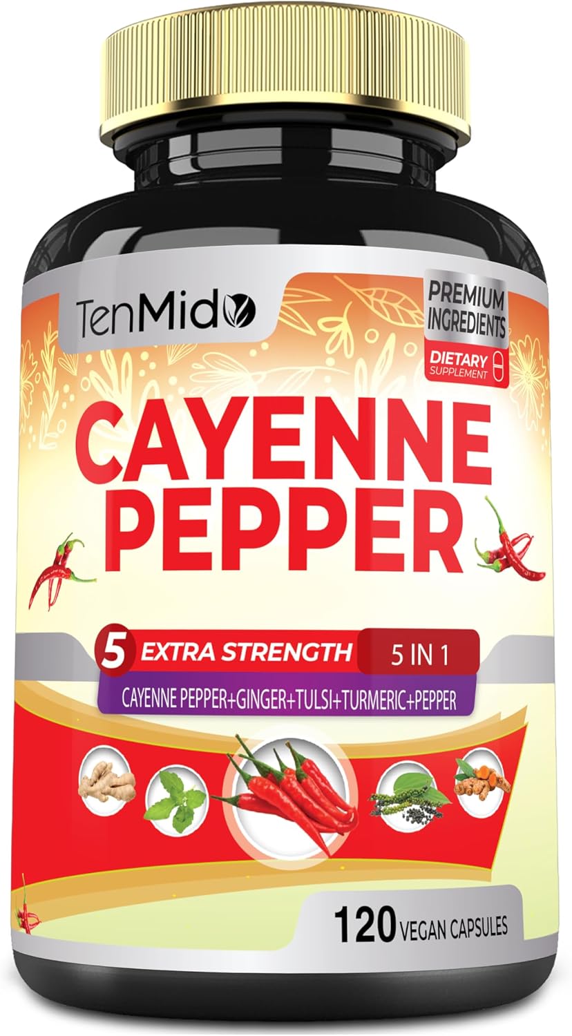 Cayenne Pepper Supplements Extract Capsules, 4 Months Supply with Ginger, Turmeric Curcumin, Tulsi, Black Pepper - Supports Immune System, Promotes Digestive System Function - 120 Vegan Capsules