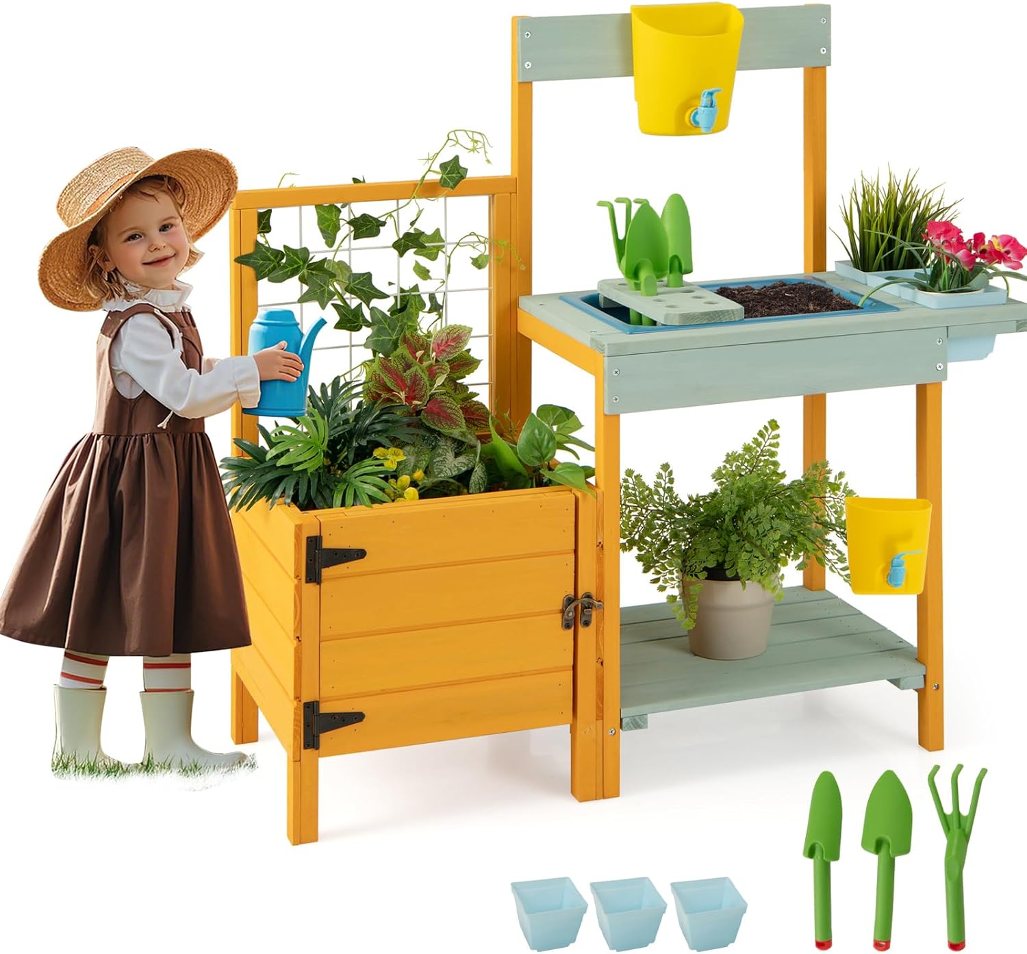 HONEY JOY Kids Potting Bench Table, Fir Wood Outdoor Play Kitchen for Toddler, Transparent Root Viewer Window & Garden Trellis for Climbing Plant, Water Sink Garden Tools, Mud Kitchen for Kids Outdoor