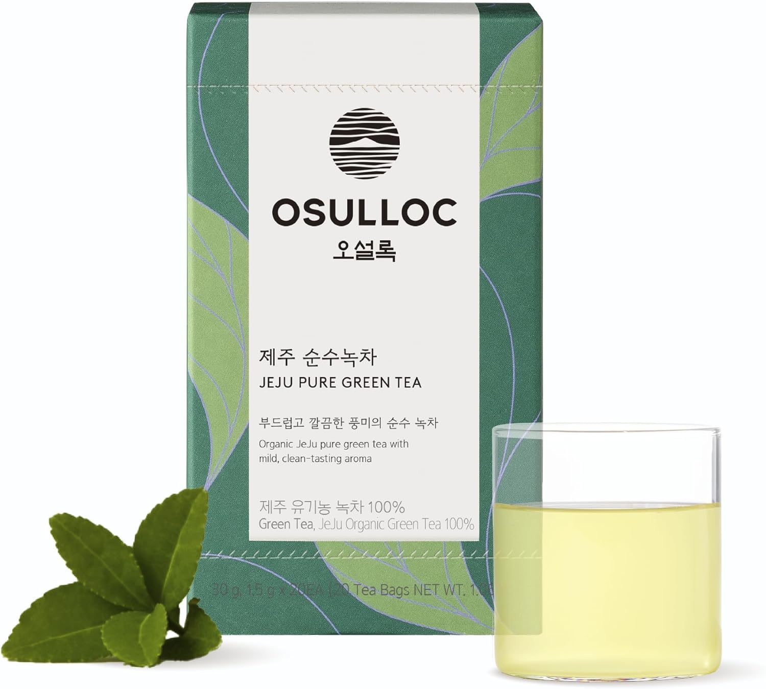 OSULLOC Pure Green Tea (Mild, Clean tasting Aroma), Premium Blended Tea from Jeju, Tea Bag Series 20 count, 1.06 oz, 30g