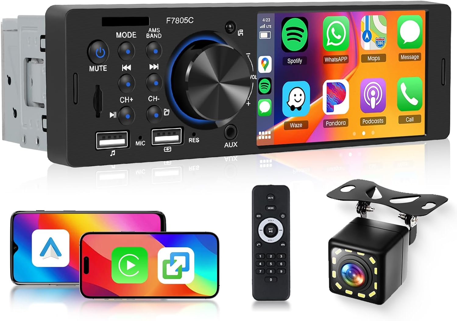 Single Din Car Stereo with Carplay Android Auto, Hodozzy 1 Din Touchscreen Radio Support Bluetooth 5.2 FM Radio Fast Charge USB/TF Card/Aux Ports Mirrorlink EQ SWC Reverse Camera