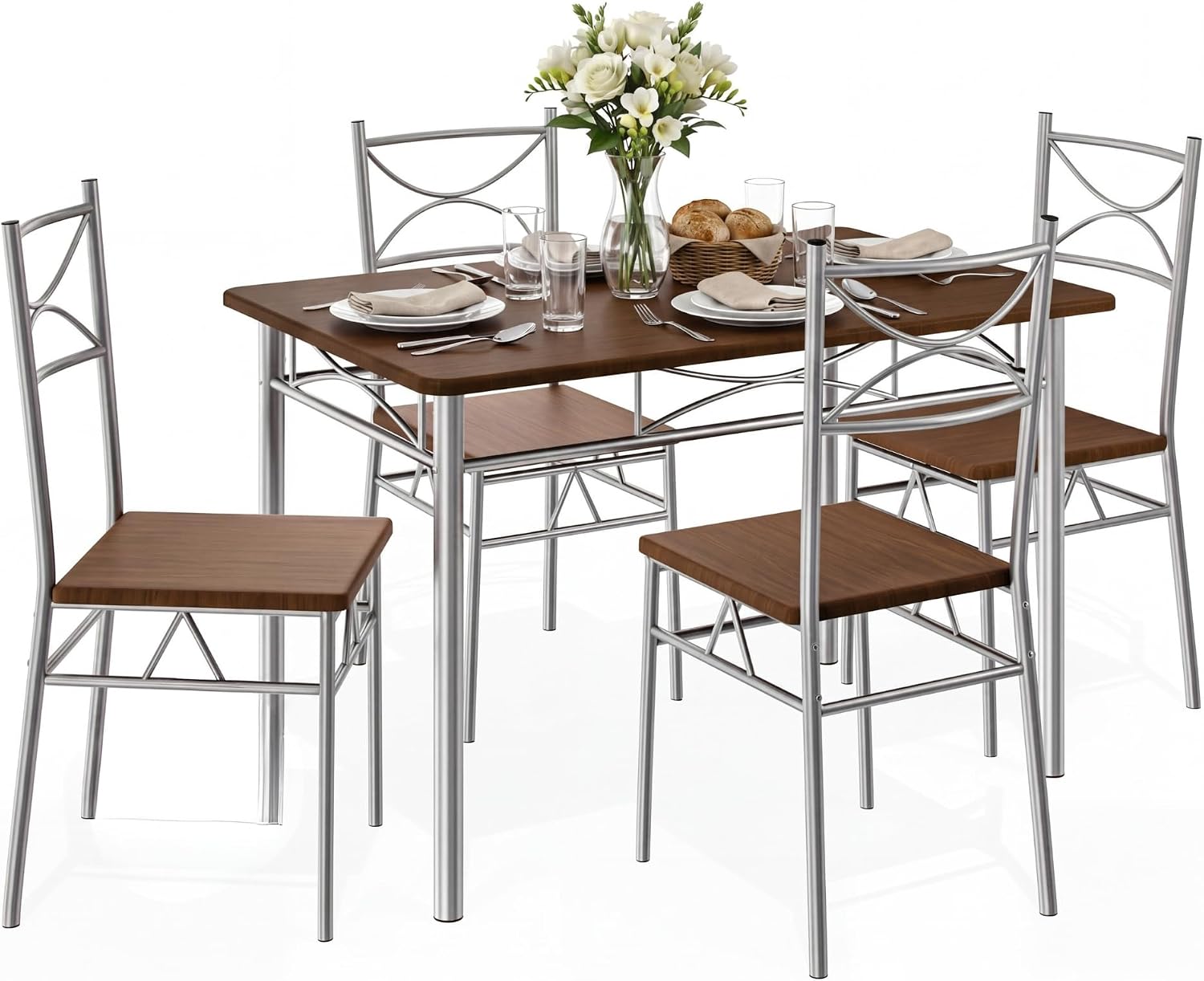 CASARIA® Dining Table Chairs Set 4 Space Saving Compact, Dark Oak & Silver