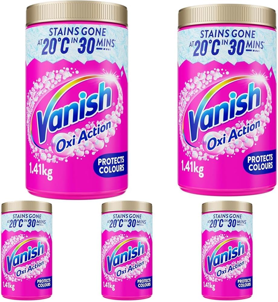 Vanish Gold Oxi Action Stain Remover and Laundry Booster Powder for Colours 1.41 kg, Removes Tough Stains at 20°C in 30 Mins in Just One Wash, Safe on Everyday Fabrics (Packaging May Vary) (Pack of 5)