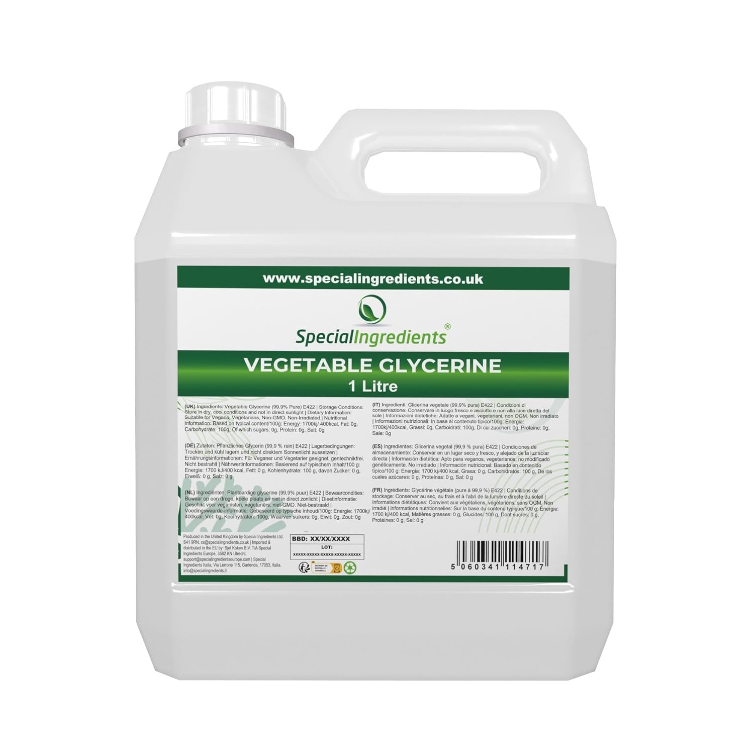 Vegetable Glycerine 1 Litre Premium Quality Food Grade, Vegan, Non GMO, Natural Humectant, Fragrance Free Recyclable Container - Special Ingredients