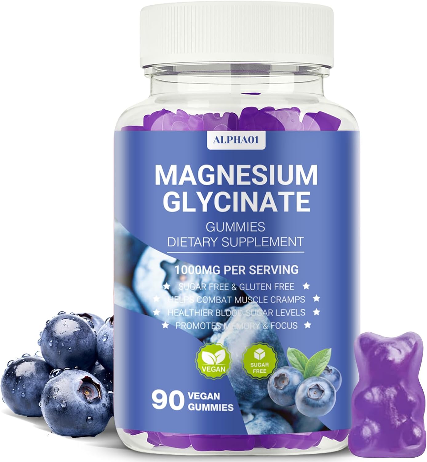 ALPHA01 Magnesium Glycinate Gummies 1000mg, Non-GMO, Gluten-Free, Magnesium Supplement Gummies for Adults & Kids, Sleep, Relaxation & Focus, Blueberry Flavor, 90 Count