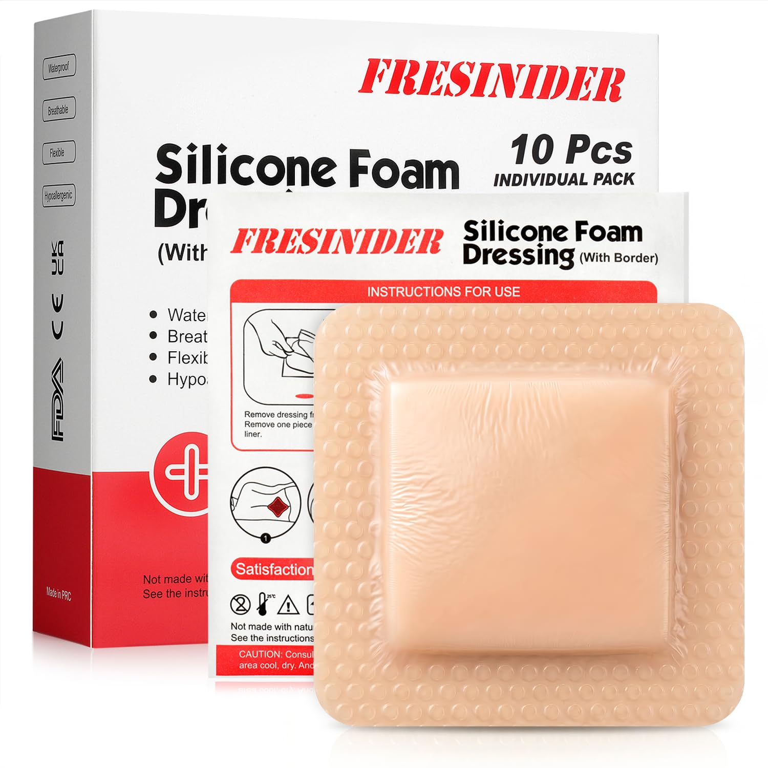 FRESINIDER Silicone Foam Dressing with Adhesive Border – Wound Dressing Bandage – Silicone Foam Pad – Pack of 10 – 4 x 4 Inches Large Waterproof Bandages – Self Adhesive Wound Care and Dressings