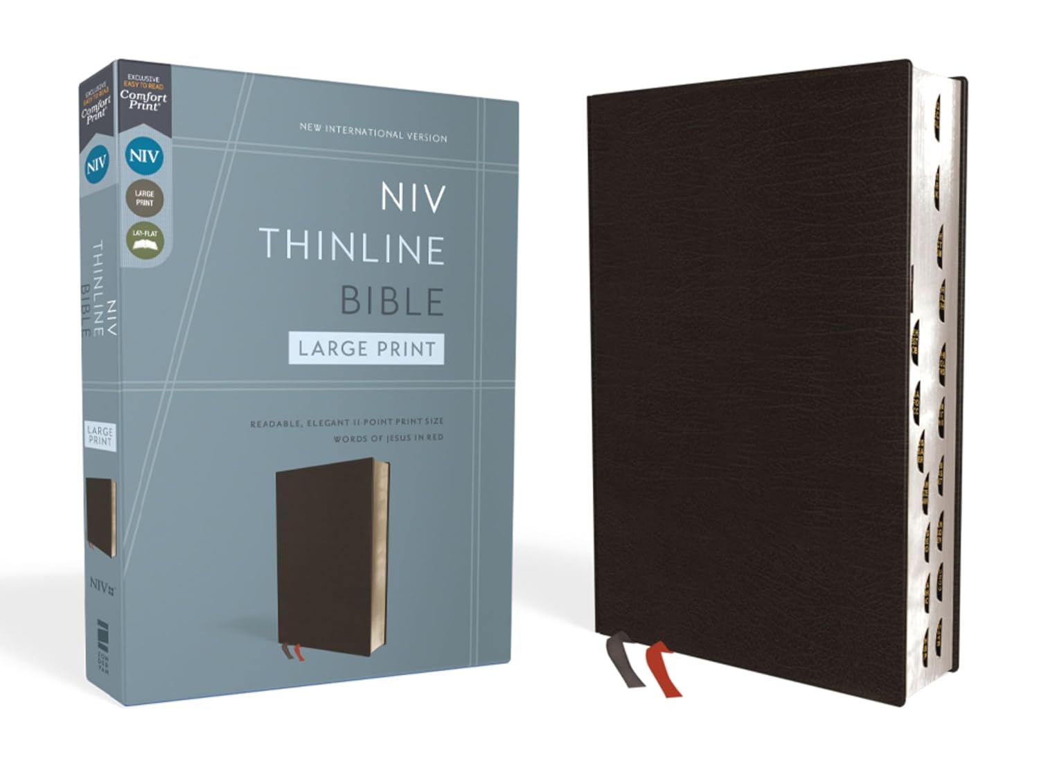 NIV, Thinline Bible, Large Print, Bonded Leather, Black, Red Letter, Thumb Indexed, Comfort Print