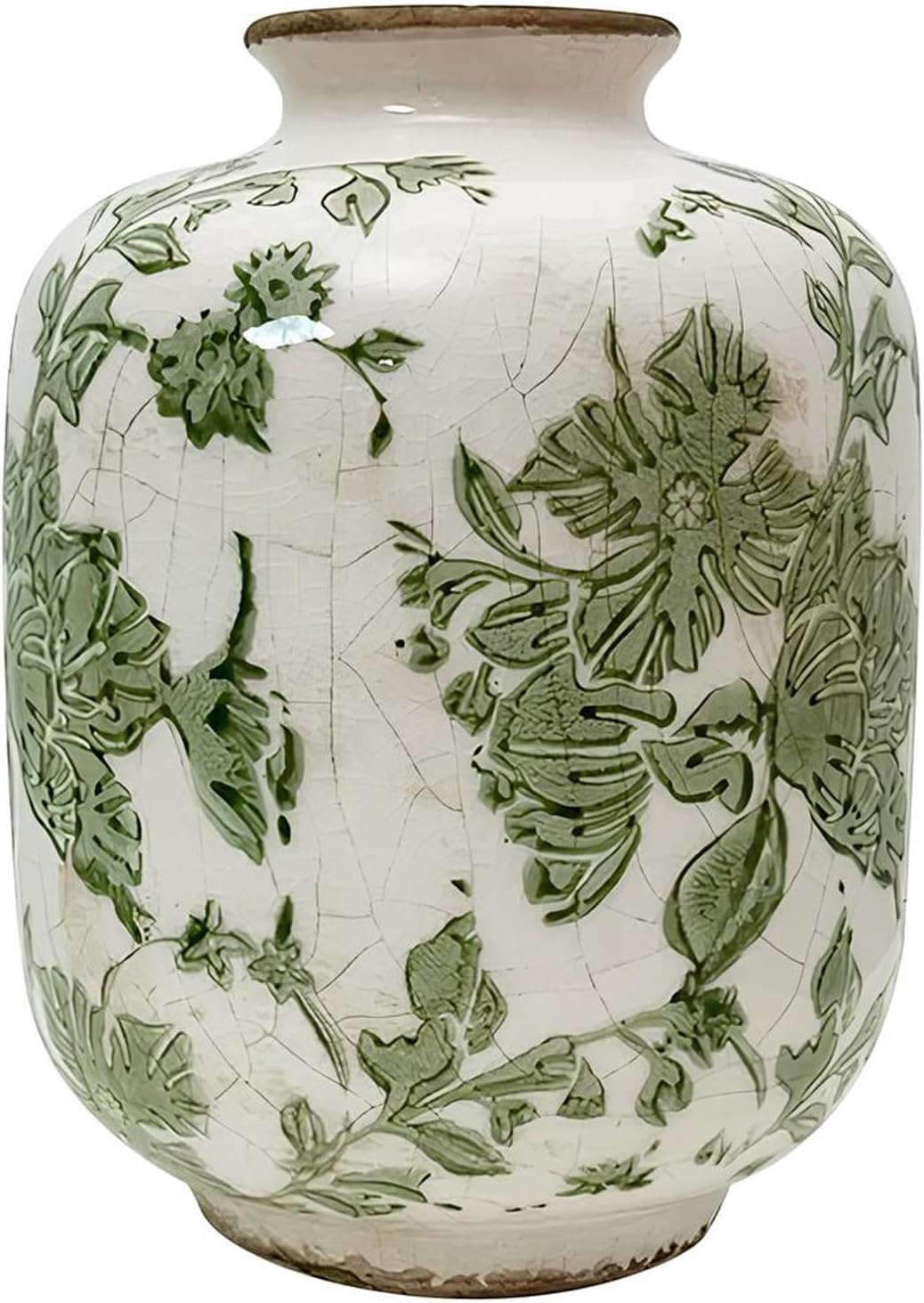 SYDDOL White Ceramic Vase, Small French Country Style Porcelian Vase Hand Painted Floral Design with Vintage Crackle Glaze for Wedding Dinner Table Office Bedroom - 5.5 Inch / 14 CM (Green)
