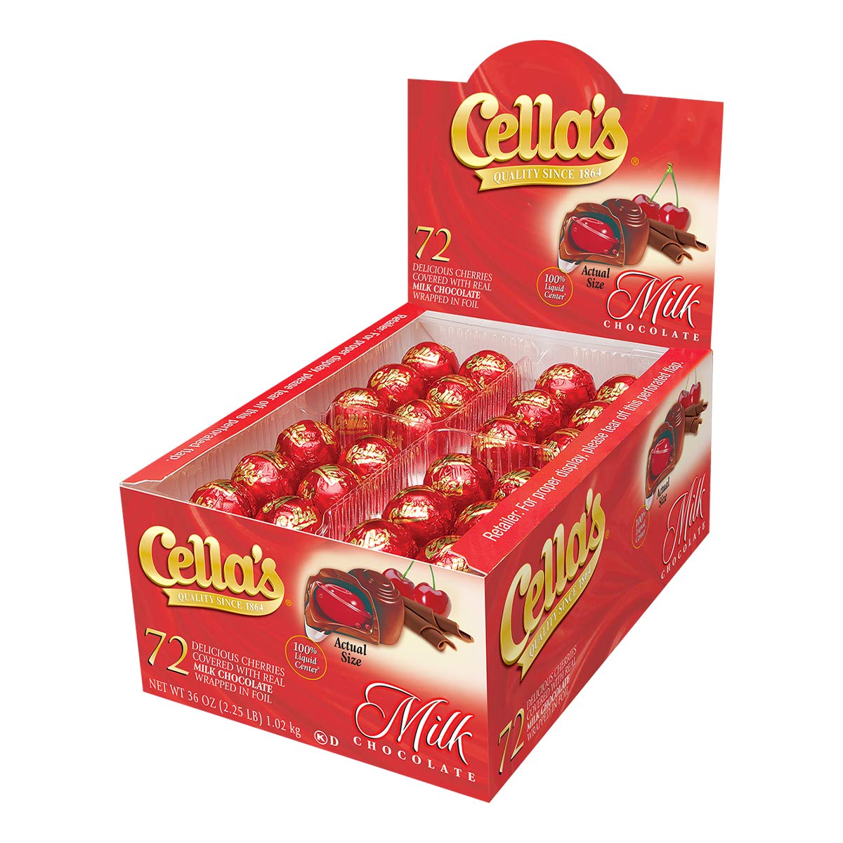 Cella's Milk Chocolate Covered Cherries – Premium Cherry Cordial Candies – Individually Wrapped with Display Box - Peanut Free, Gluten Free – 72 Count, 2.25 Pounds (Pack of 1)