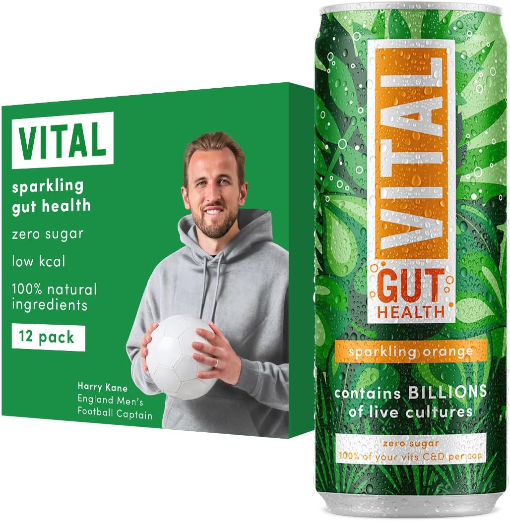 VITAL Gut Health Drink, Contains Billions of Live Cultures, Contains 100% of Vitamins C and D, Sugar Free, Zero Calories, Orange Flavoured Sparkling Water, Contains 12 x 330ml cans